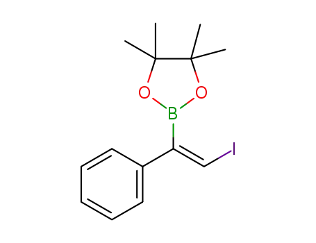 Molecular Structure of 1610462-60-6 ((E)-2-(2-iodo-1-phenylvinyl)-4,4,5,5-tetramethyl-1,3,2-dioxaborolane)