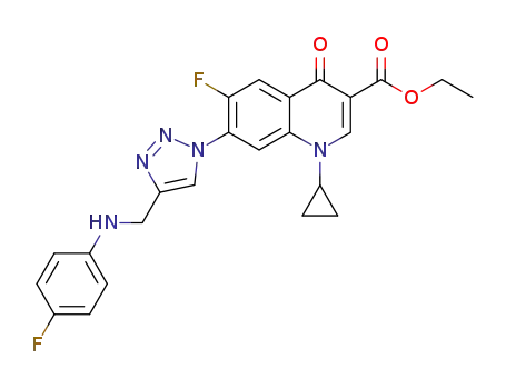 Molecular Structure of 1416988-51-6 (1-cyclopropyl-6-fluoro-7-{4-[(4-fluoro-phenylamino)-methyl]-[1,2,3]triazol-1-yl}-4-oxo-1,4-dihydro-quinoline-3-carboxylic acid ethyl ester)