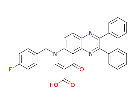 Molecular Structure of 1600514-61-1 (7-(4-fluorobenzyl)-10-oxo-2,3-diphenyl-7,10-dihydropyrido[3,2-f]quinoxaline-9-carboxylic acid)