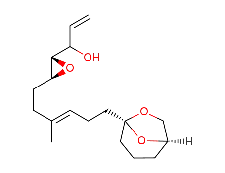 Molecular Structure of 834916-66-4 (Oxiranemethanol,
3-[(3E)-6-(1R,5R)-6,8-dioxabicyclo[3.2.1]oct-5-yl-3-methyl-3-hexenyl]-a
-ethenyl-, (2S,3S)-)
