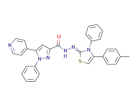 Molecular Structure of 1620992-09-7 (1-phenyl-N'-(3-phenyl-4-p-tolylthiazol-2(3H)-ylidene)-5-(pyridin-4-yl)-1H-pyrazole-3-carbohydrazide)