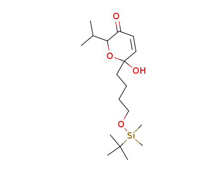 Molecular Structure of 112897-13-9 (2H-Pyran-3(6H)-one,
6-[4-[[(1,1-dimethylethyl)dimethylsilyl]oxy]butyl]-6-hydroxy-2-(1-methyleth
yl)-)