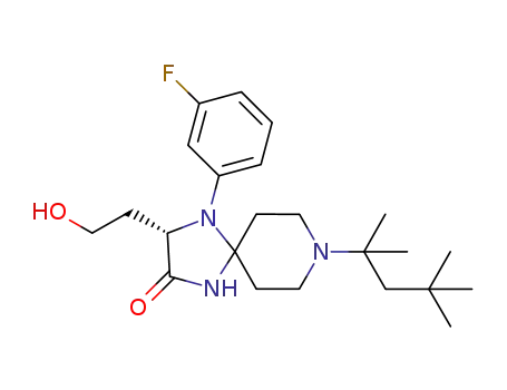 Molecular Structure of 494769-80-1 (1,4,8-Triazaspiro[4.5]decan-2-one,
4-(3-fluorophenyl)-3-(2-hydroxyethyl)-8-(1,1,3,3-tetramethylbutyl)-, (3S)-)