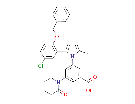 Molecular Structure of 632624-94-3 (Benzoic acid,
3-[2-[5-chloro-2-(phenylmethoxy)phenyl]-5-methyl-1H-pyrrol-1-yl]-5-(2-ox
o-1-piperidinyl)-)