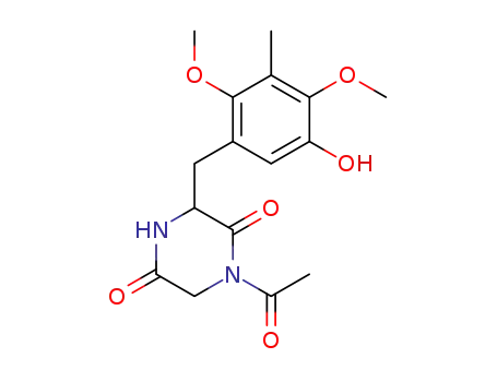 Molecular Structure of 127103-52-0 (1-Acetyl-3-(5-hydroxy-2,4-dimethoxy-3-methyl-benzyl)-piperazine-2,5-dione)