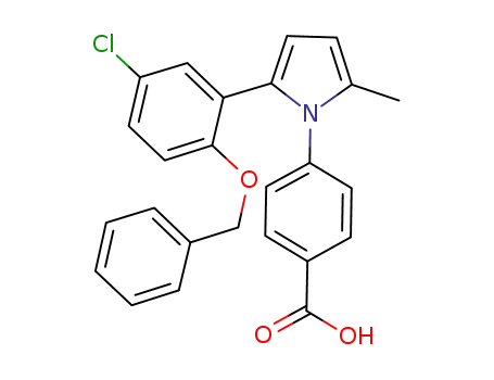 Molecular Structure of 632625-38-8 (Benzoic acid,
4-[2-[5-chloro-2-(phenylmethoxy)phenyl]-5-methyl-1H-pyrrol-1-yl]-)