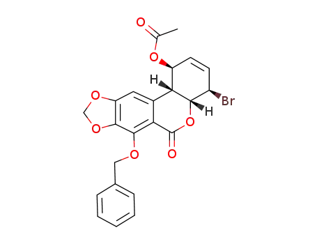 Molecular Structure of 120882-50-0 (<(+/-)-(1α,4α,4aα,11bα)>-1,4,4a,11b-Tetrahydro-1-acetoxy-4-bromo-7-(phenylmethoxy)-6H-<1,3>benzodioxolo<5,6-c><1>benzopyran-6-one)