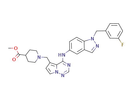 Molecular Structure of 529509-27-1 (1-{4-[1-(3-fluoro-benzyl)-1H-indazol-5-ylamino]-pyrrolo[2,1-f][1,2,4]triazin-5-ylmethyl}-piperidine-4-carboxylic acid methyl ester)