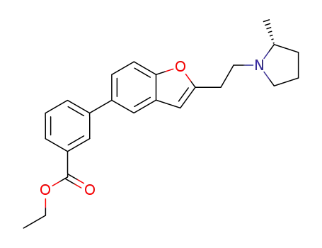 Molecular Structure of 460748-52-1 (Benzoic acid,
3-[2-[2-[(2R)-2-methyl-1-pyrrolidinyl]ethyl]-5-benzofuranyl]-, ethyl ester)