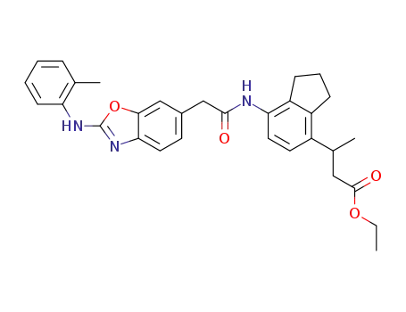 Molecular Structure of 358974-08-0 (ethyl 3-{7-[2-(2-o-tolylamino-benzoxazol-6-yl)-acetylamino]-indan-4-yl}-butanoate)