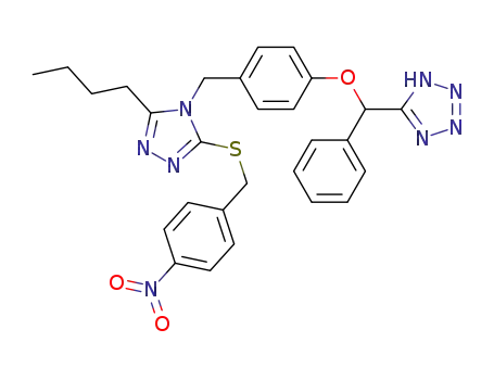 Molecular Structure of 137761-33-2 (3-Butyl-5-(4-nitrobenzylthio)-4-[[4-[1-phenyl-1-(tetrazol-5-yl)methoxy]phenyl]methyl]-4H-1,2,4-triazole)