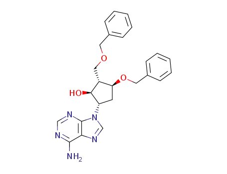 Molecular Structure of 142217-96-7 ([1S-(1α,2β,3α,5β)]-5-(6-amino-9H-purin-9-yl)-3-(phenylmethoxy)-2-[(phenylmethoxy)methyl]cyclopentanol)