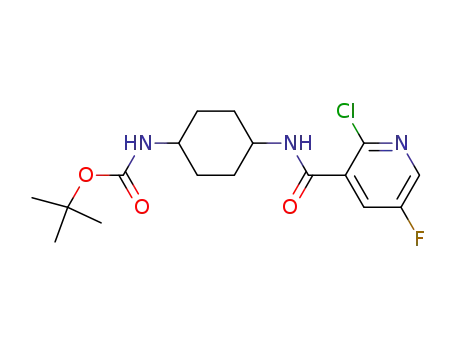 Molecular Structure of 582332-90-9 (Carbamic acid,
[4-[[(2-chloro-5-fluoro-3-pyridinyl)carbonyl]amino]cyclohexyl]-,
1,1-dimethylethyl ester)