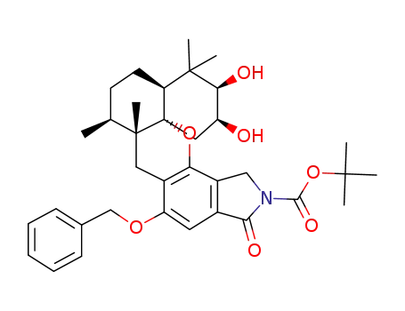 Molecular Structure of 189186-61-6 ((6AR,7S,9AS,11R,12S,13AS)-5-benzyloxy-2-(t-butoxycarbonyl)-2,3,6,6a,7,8,9,9a,10,11,12,13-dodecahydro-11,12-dihydroxy-6a,7,10,10-tetramethyl-3-oxo-1H-benzo[8,8a][1]benzopyrano[2,3-e]isoindole)