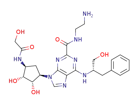 Molecular Structure of 1056938-68-1 (9-[(1R,2S,3R,4S)-2,3-dihydroxy-4-(2-hydroxy-acetylamino)-cyclopentyl]-6-((S)-1-hydroxymethyl-2-phenyl-ethylamino)-9H-purine-2-carboxylic acid (2-amino-ethyl)-amide)
