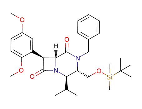 Molecular Structure of 918550-08-0 (1,4-Diazabicyclo[4.2.0]octane-5,8-dione,
7-(2,5-dimethoxyphenyl)-3-[[[(1,1-dimethylethyl)dimethylsilyl]oxy]methyl]-
2-(1-methylethyl)-4-(phenylmethyl)-, (2R,3S,6R,7S)-)