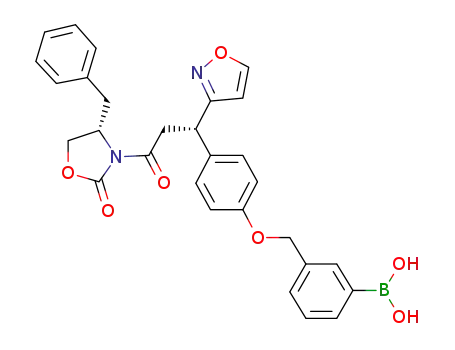 Molecular Structure of 1011531-81-9 (3-((4-((S)-3-((S)-4-benzyl-2-oxooxazolidin-3-yl)-1-(isoxazol-3-yl)-3-oxopropyl)phenoxy)methyl)phenylboronic acid)