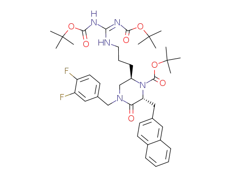 Molecular Structure of 880169-79-9 (1-Piperazinecarboxylic acid,
6-[3-[[bis[[(1,1-dimethylethoxy)carbonyl]amino]methylene]amino]propyl]-
4-[(3,4-difluorophenyl)methyl]-2-(2-naphthalenylmethyl)-3-oxo-,
1,1-dimethylethyl ester, (2R,6R)-)