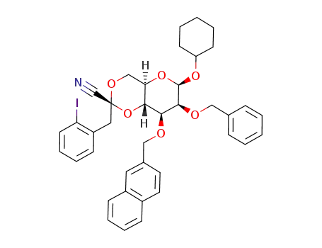 1-cyclohexyl-2-O-benzyl-4,6-O-[1-cyano-2-(2-iodophenyl)]ethylidene-3-O-(2-naphthalenylmethyl)-β-D-mannopyranoside