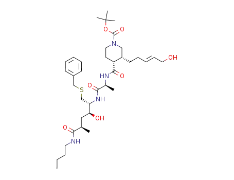 Molecular Structure of 906663-63-6 (4-[1-(1-benzylsulfanylmethyl-4-butylcarbamoyl-2-hydroxypentylcarbamoyl)ethylcarbamoyl]-3-(5-hydroxypent-3-enyl)piperidine-1-carboxylic acid tert-butyl ester)