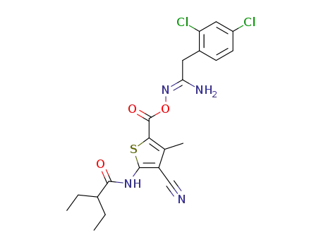 Molecular Structure of 880158-96-3 (Butanamide,
N-[3-cyano-5-[[[[2-(3,5-dichlorophenyl)-1-iminoethyl]amino]oxy]carbonyl]
-4-methyl-2-thienyl]-2-ethyl-)