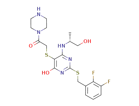 Molecular Structure of 666752-84-7 (Piperazine,
1-[[[2-[[(2,3-difluorophenyl)methyl]thio]-1,4-dihydro-6-[[(1R)-2-hydroxy-1-
methylethyl]amino]-4-oxo-5-pyrimidinyl]thio]acetyl]-)