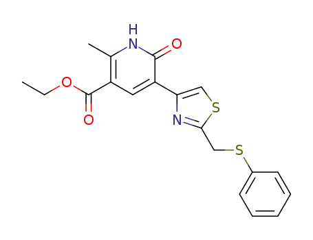 Molecular Structure of 1026429-13-9 (ethyl 2-methyl-6-oxo-5-{2-(phenylthiomethyl)(1,3-thiazol-4-yl)}-1,6-dihydro-3-pyridinecarboxylate)