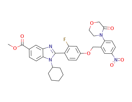 Molecular Structure of 943513-39-1 (1-cyclohexyl-2-{2-fluoro-4-[5-nitro-2-(3-oxomorpholin-4-yl)benzyloxy]phenyl}-1H-benzimidazole-5-carboxylic acid methyl ester)