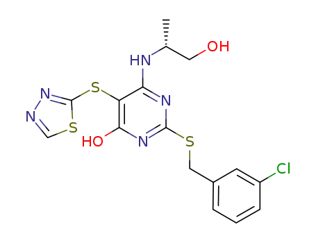 Molecular Structure of 666752-72-3 (4(1H)-Pyrimidinone,
2-[[(3-chlorophenyl)methyl]thio]-6-[[(1R)-2-hydroxy-1-methylethyl]amino]-
5-(1,3,4-thiadiazol-2-ylthio)-)