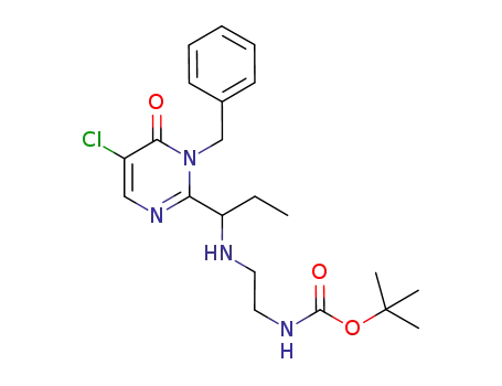 Molecular Structure of 630097-82-4 (Carbamic acid,
[2-[[1-[5-chloro-1,6-dihydro-6-oxo-1-(phenylmethyl)-2-pyrimidinyl]propyl]
amino]ethyl]-, 1,1-dimethylethyl ester)