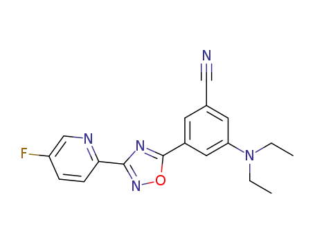 Molecular Structure of 453568-30-4 (Benzonitrile,
3-(diethylamino)-5-[3-(5-fluoro-2-pyridinyl)-1,2,4-oxadiazol-5-yl]-)