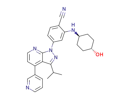 Molecular Structure of 1260536-06-8 (2-((trans-4-hydroxycyclohexyl)amino)-4-(3-isopropyl-4-(pyridin-3-yl)-1H-pyrazolo[3,4-b]pyridin-1-yl)benzonitrile)