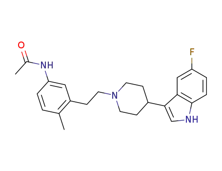 Molecular Structure of 393836-53-8 (Acetamide,
N-[3-[2-[4-(5-fluoro-1H-indol-3-yl)-1-piperidinyl]ethyl]-4-methylphenyl]-)