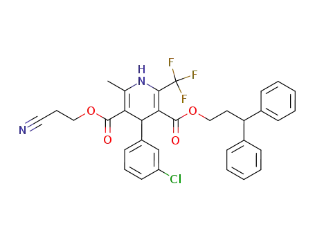 Molecular Structure of 314776-27-7 (3-(2-cyanoethyl) 5-(3,3-diphenylpropyl) 4-(3-chlorophenyl)-2-methyl-6-trifluoromethyl-1,4-dihydropyridine-3,5-dicarboxylate)