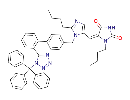 Molecular Structure of 152147-89-2 (2,4-Imidazolidinedione,
1-butyl-5-[[2-butyl-1-[[2'-[1-(triphenylmethyl)-1H-tetrazol-5-yl][1,1'-biphen
yl]-4-yl]methyl]-1H-imidazol-5-yl]methylene]-, (E)-)