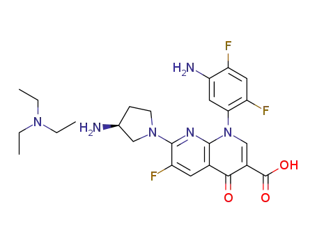 Molecular Structure of 181625-29-6 (1-(3-amino-4,6-difluorophenyl)-7-[(3S)-3-aminopyrrolidin-1-yl]-6-fluoro-1,4-dihydro-4-oxo-1,8-naphthyridine-3-carboxylic acid triethylamine salt)