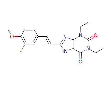 Molecular Structure of 155271-95-7 (1,3-diethyl-8-[(E)-2-(3-fluoro-4-methoxyphenyl)ethenyl]-3,7-dihydro-1H-purine-2,6-dione)