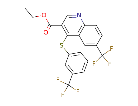Molecular Structure of 193827-62-2 (3-Quinolinecarboxylic acid,
6-(trifluoromethyl)-4-[[3-(trifluoromethyl)phenyl]thio]-, ethyl ester)