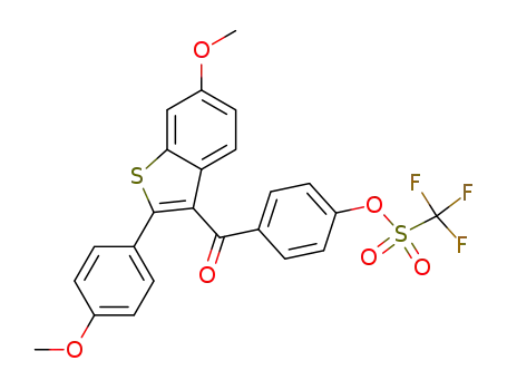 Molecular Structure of 176977-60-9 (Methanesulfonic acid, trifluoro-,
4-[[6-methoxy-2-(4-methoxyphenyl)benzo[b]thien-3-yl]carbonyl]phenyl
ester)