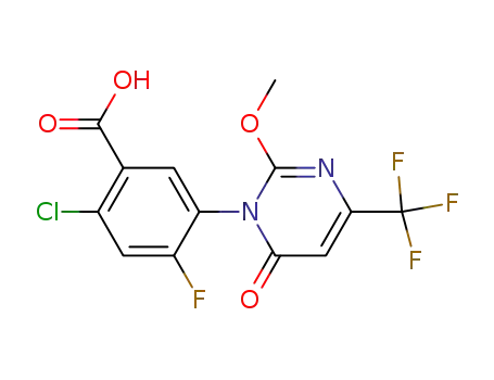 Molecular Structure of 115784-94-6 (2-chloro-4-fluoro-5-[2-methoxy-6-oxo-4-trifluoromethyl-1(6H)-pyrimidinyl]-benzoic acid)