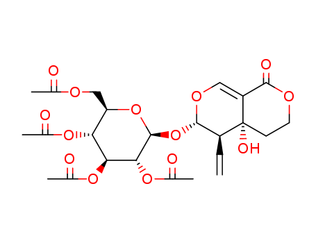 Molecular Structure of 10289-37-9 (1H,3H-Pyrano[3,4-c]pyran-1-one,5-ethenyl-4,4a,5,6-tetrahydro-4a-hydroxy-6-[(2,3,4,6-tetra-O-acetyl-b-D-glucopyranosyl)oxy]-,(4aR,5R,6S)- (9CI))