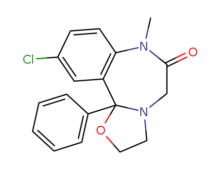 Molecular Structure of 24111-44-2 (10-chloro-7-methyl-11b-phenyl-2,3,7,11b-tetrahydro-benzo[<i>f</i>]oxazolo[3,2-<i>d</i>][1,4]diazepin-6-one)