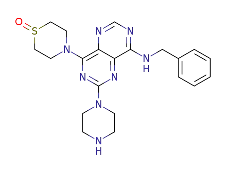 Molecular Structure of 78552-37-1 (N-benzyl-7-(1-oxo-1,4-thiazinan-4-yl)-9-piperazin-1-yl-3,5,8,10-tetraz abicyclo[4.4.0]deca-2,4,7,9,11-pentaen-2-amine)