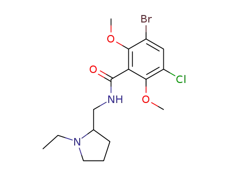 Molecular Structure of 82935-27-1 (3-bromo-5-chloro-N-[(1-ethylpyrrolidin-2-yl)methyl]-2,6-dimethoxy-benz amide)