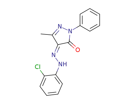 Molecular Structure of 53847-58-8 (1H-Pyrazole-4,5-dione, 3-methyl-1-phenyl-,
4-[(2-chlorophenyl)hydrazone])