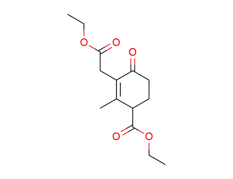 Molecular Structure of 20653-49-0 (1-Cyclohexene-1-acetic acid, 3-(ethoxycarbonyl)-2-methyl-6-oxo-, ethyl
ester)