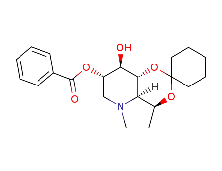 Molecular Structure of 156205-90-2 (Spirocyclohexane-1,2-1,3dioxino4,5,6-hiindolizine-8,9-diol, octahydro-, 8-benzoate, 3aS-(3a.alpha.,8.alpha.,9.beta.,9a.beta.,9b.alpha.)-)