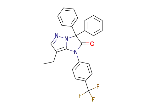 Molecular Structure of 89726-36-3 (1H-Imidazo[1,2-b]pyrazol-2(3H)-one,
7-ethyl-6-methyl-3,3-diphenyl-1-[4-(trifluoromethyl)phenyl]-)