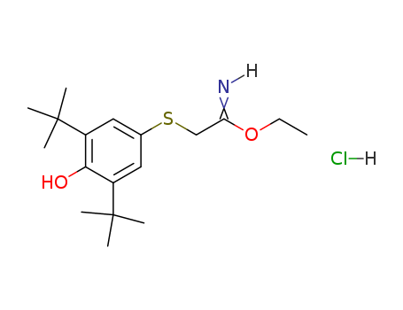 Molecular Structure of 105648-43-9 (Ethanimidic acid, 2-[[3,5-bis(1,1-dimethylethyl)-4-hydroxyphenyl]thio]-,
ethyl ester, hydrochloride)