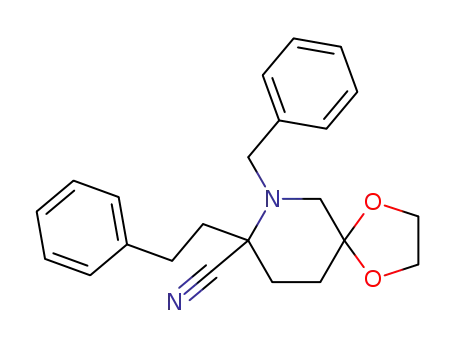 Molecular Structure of 132462-33-0 (1-Benzyl-5,5-(ethylenedioxy)-2-(2-phenylethyl)-2-piperidinecarbonitrile)